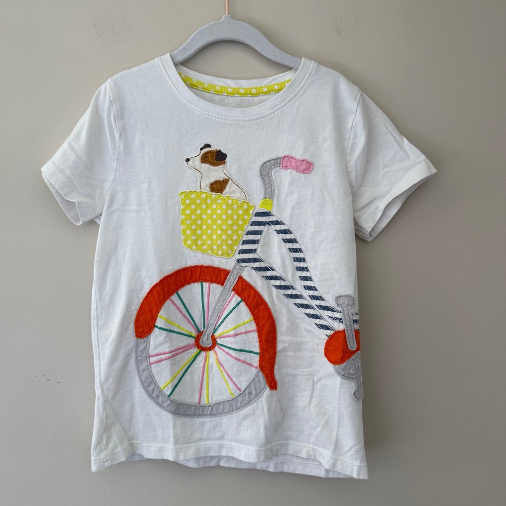 Mini Boden Girls White Dog on Bicycle Applique T-Shirt Size 7-8Y